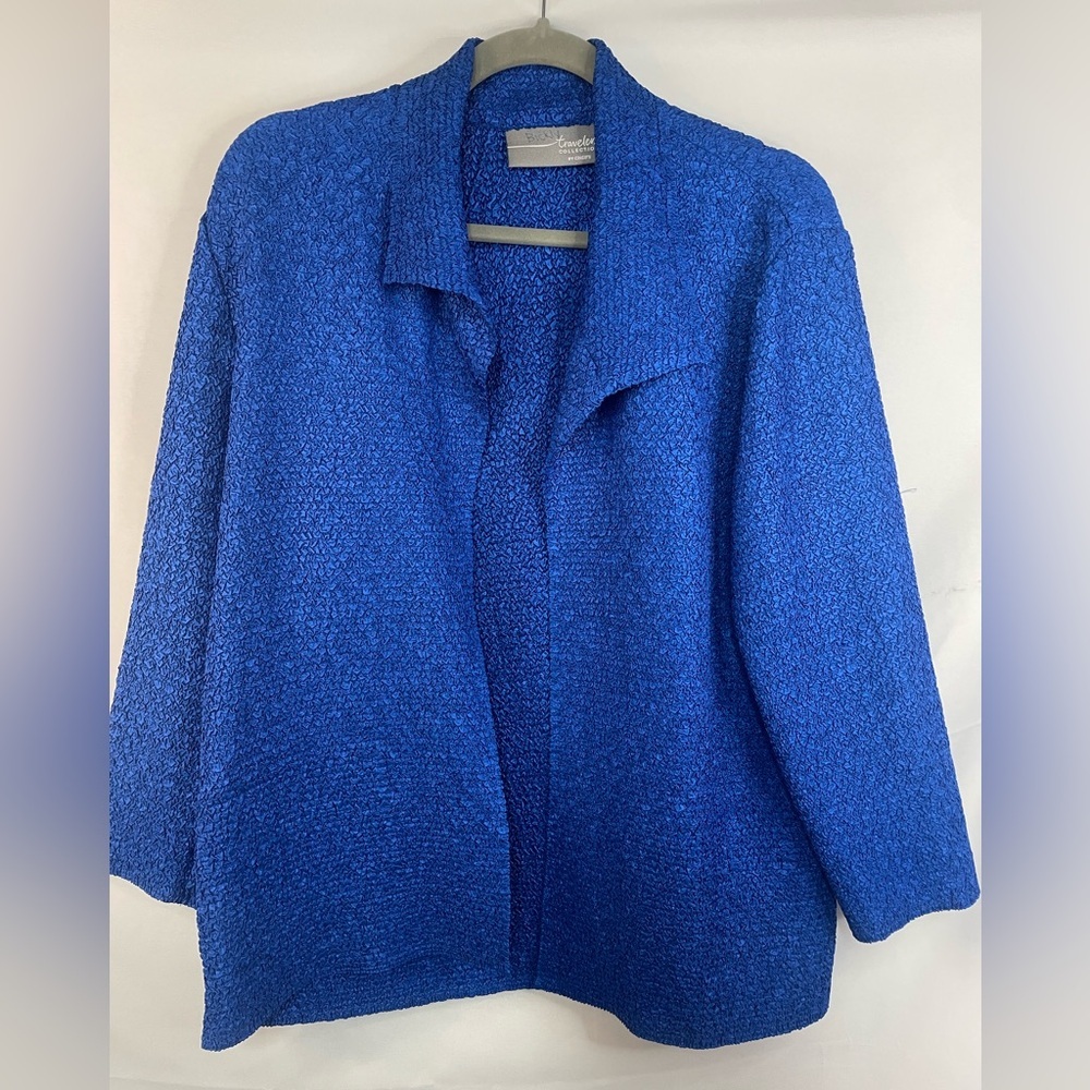 Chicos Travelers royal blue open front jacket. Great color and texture.